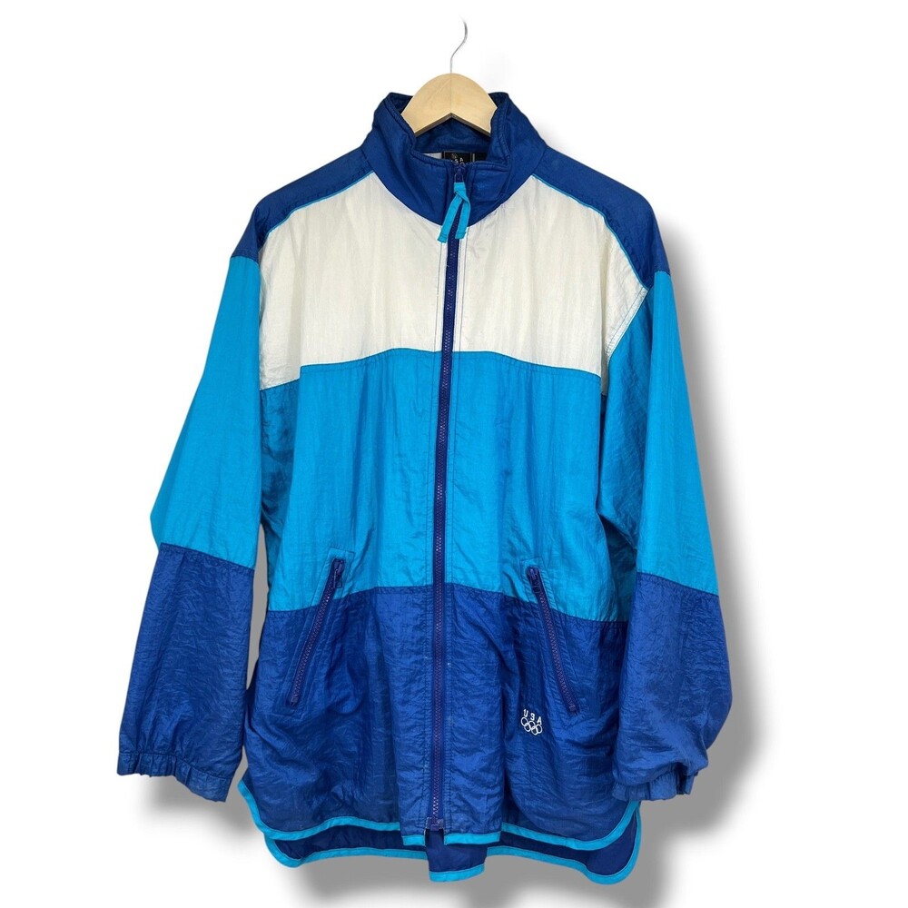 Vintage USA Olympics Windbreaker Jacket 2 Shades Of Blue With White Medium
